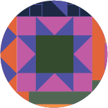 A geometric quilt block pattern in pink, lavender, and dark green. The pattern resembles an eight pointed star. The quilt square design is based on the historical Underground Railroad pattern called Star/Evening Star/North Star that means "let the stars be your compass." This icon is used to illustrate BSWC's value of "abundance mindset."