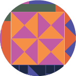 A geometric quilt block pattern in orange and pink. The quilt square design is based on the historical Underground Railroad pattern called Bow Tie (Hourglass) that means "to form a relationship with someone who would help." This icon is used to illustrate BSWC's value of "belonging."
