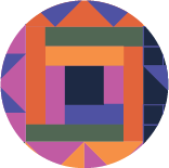 A geometric quilt block pattern in orange, dark green, dark orange, lavender, and blue. The quilt square design is based on the historical Underground Railroad pattern called Log Cabin that means "an arrival, stay where you are, and dig in." This icon is used to illustrate BSWC's value of "collective support."