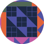A geometric quilt block pattern in navy and lavender. The quilt square design is based on the historical Underground Railroad pattern called Jacob's Ladder that means "a route to freedom" and "transcendence." This icon is used to illustrate BSWC's value of "liberation and power."