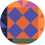 A circular quilt-inspired geometric design with orange, purple, pink, navy, and green shapes. At the center is a large square pattern of four blue diamonds set against an orange background, surrounded by triangles and rectangles in contrasting colors. The quilt square design is based on the historical Underground Railroad pattern called Crossroads that means "a safe terminal." This icon is used to illustrate BSWC's value of "voice."