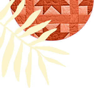 Graphic design element showing a cream-colored leafy branch overlapping a circular patchwork quilt pattern in shades of orange and red, set against a white and purple background.
