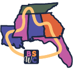 An icon that shows a simple map of the Southeast states of Louisiana, Mississippi, Alabama, Tennessee, Georgia, and Florida using the BSWC brand colors of pink, orange, lavendar, and dark green. There is a line running through and connecting each state with the BSWC logo. This icon represents "Build Infrastructure for Collective Power."