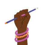 Illustration of a raised hand with dark skin holding a pencil. The wrist is adorned with pink and orange beaded bracelets, symbolizing creativity, empowerment, and expression. The icon represents the goal of "Build Narrative & Ideological Power."