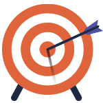 Illustration of an archery target with red and white concentric circles. A single arrow is stuck near the center, symbolizing focus, precision, or achieving a goal. The icon represents the goal of "Accountability and Action."